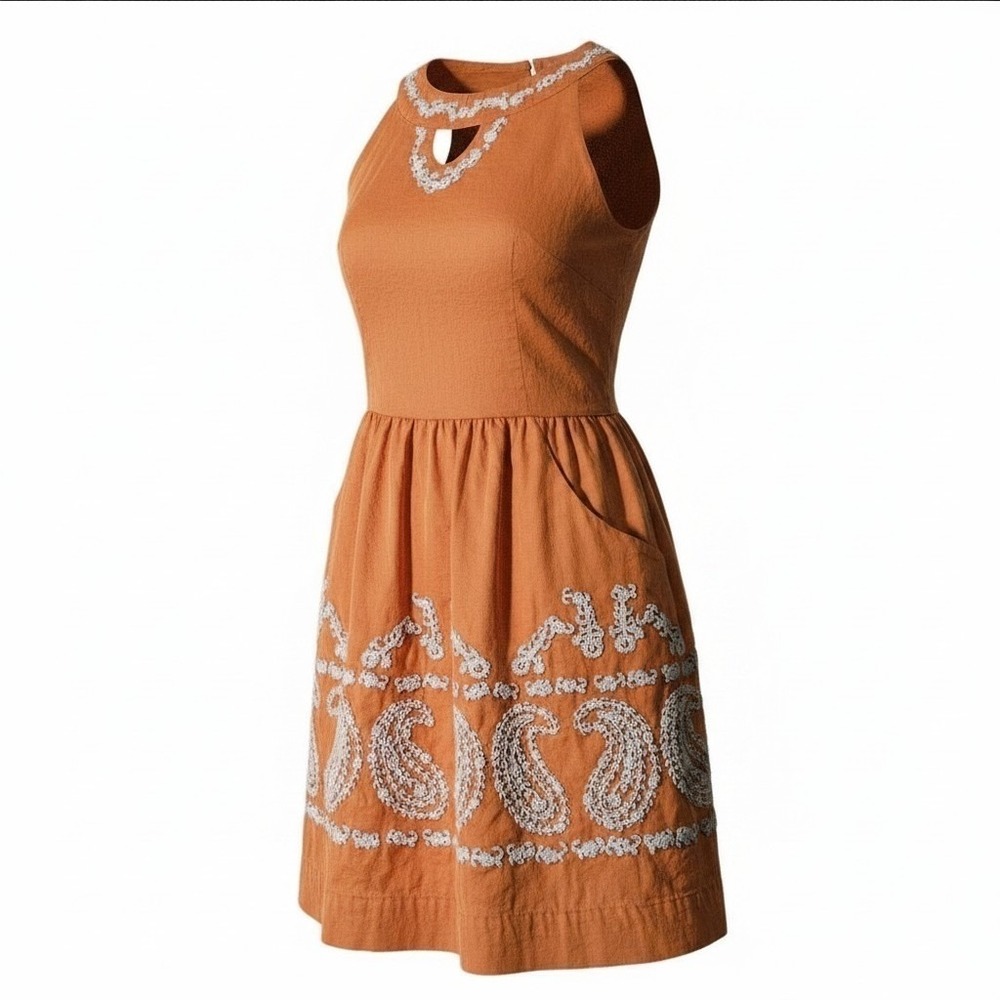 Lilly Pulitzer 4 Dress Scoop Neck Summer Embroidered Paisley Pale Tangerine